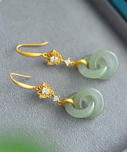 Elegantes pendientes colgantes de jade y circonita con doble aro en plata de ley verde claro y dorado