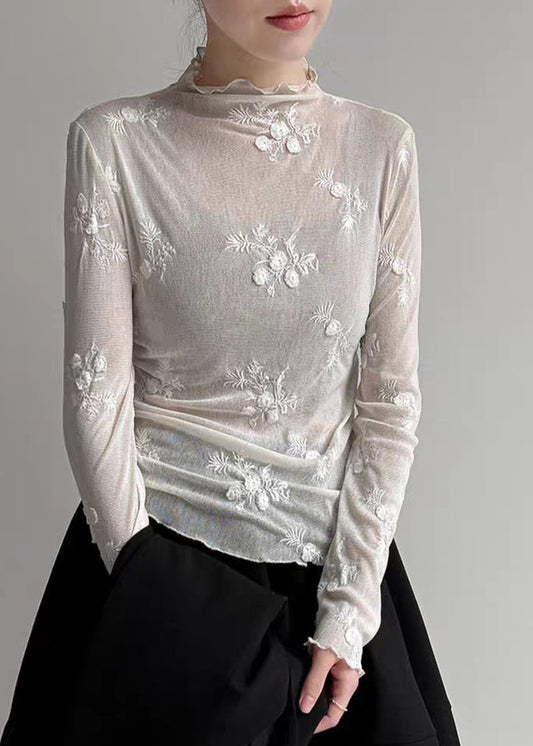 Chic Light Grey Embroidered Tulle T Shirt Spring