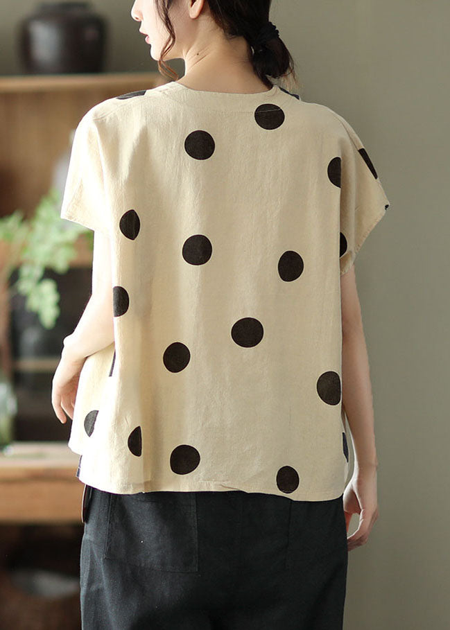 Camiseta de lino con cuello en V, estampado patchwork, color caqui claro y elegante, para verano