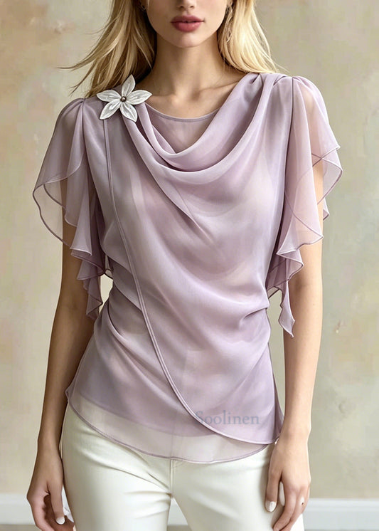 Chic Light Purple Asymmetrical Daisy Chiffon Shirt Summer