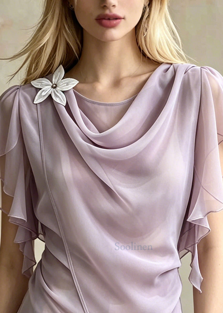 Chic Light Purple Asymmetrical Daisy Chiffon Shirt Summer