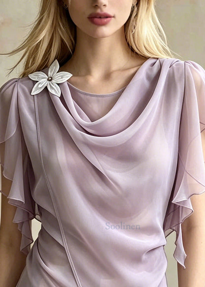 Chic Light Purple Asymmetrical Daisy Chiffon Shirt Summer