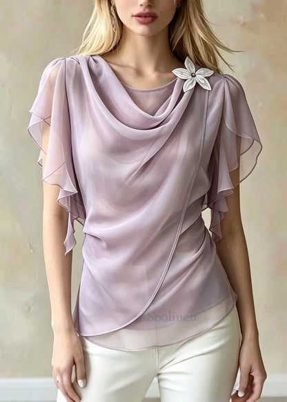 Chic Light Purple Asymmetrical Daisy Chiffon Shirt Summer