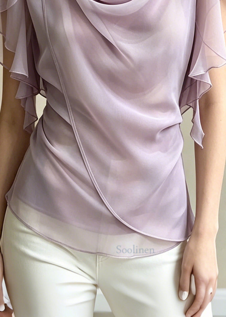 Chic Light Purple Asymmetrical Daisy Chiffon Shirt Summer