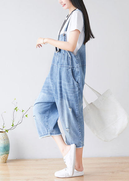 Chic Hellblau Loch Taschen Cowboy Jumpsuits Frühling