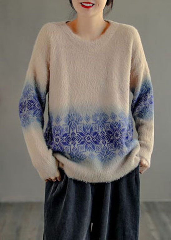 Chic Milch tee farbe O-ausschnitt Druck dicke Nerz Haar Gestrickte Tops Langarm