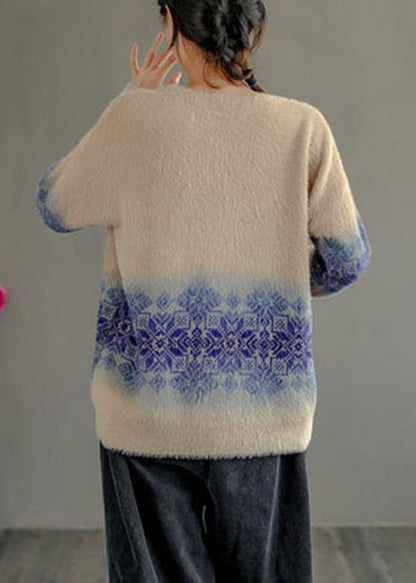 Chic Milch tee farbe O-ausschnitt Druck dicke Nerz Haar Gestrickte Tops Langarm