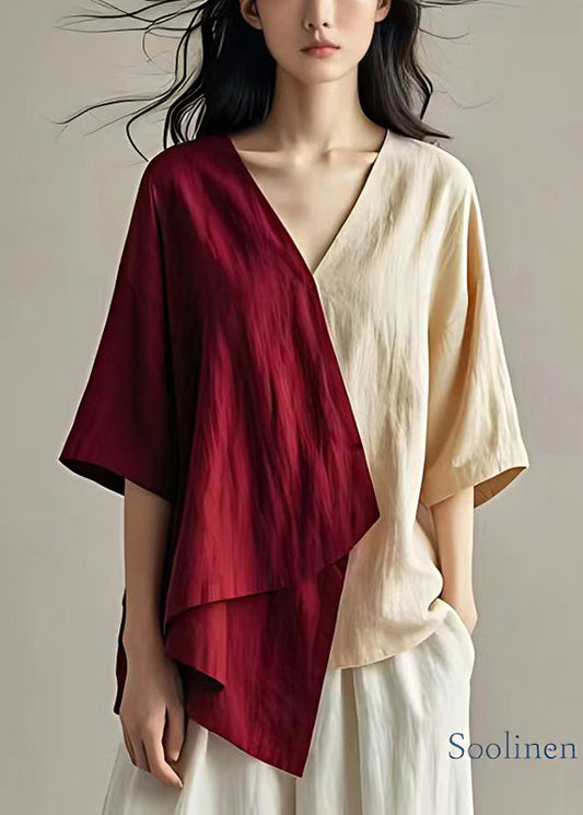 Chic Mulberry Asymmetrische Patchwork Leinen Shirts Sommer