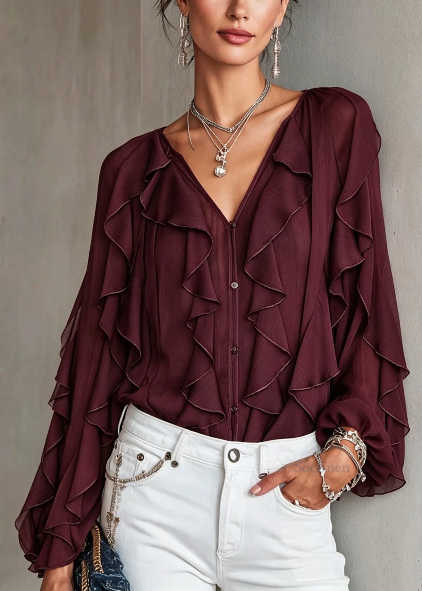 Chic Mulberry V Neck Ruffled Patchwork Chiffon Top Long Sleeve