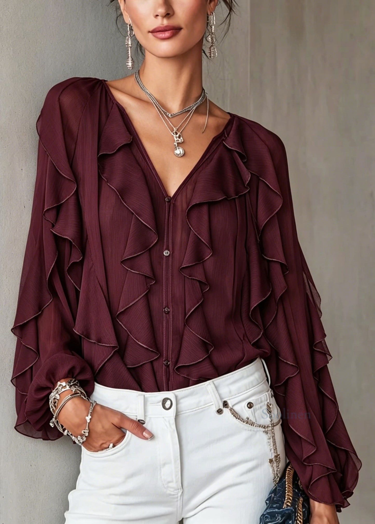 Chic Mulberry V Neck Ruffled Patchwork Chiffon Top Long Sleeve