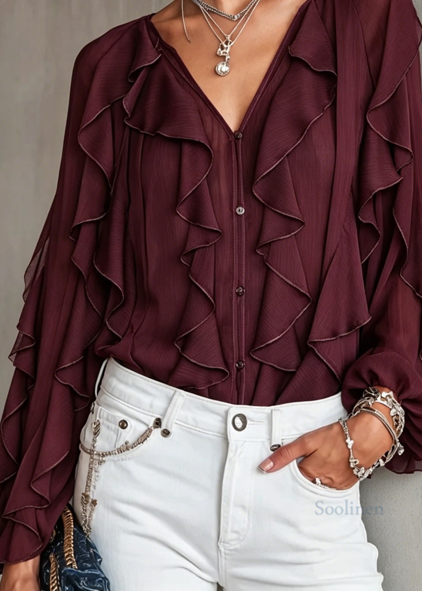 Chic Mulberry V Neck Ruffled Patchwork Chiffon Top Long Sleeve