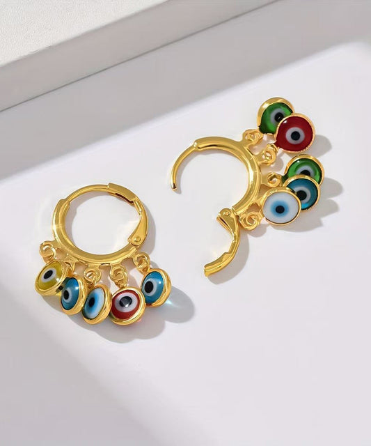 Elegantes pendientes de aro con borlas de ojo de diablo en plata de ley multicolor con detalles dorados