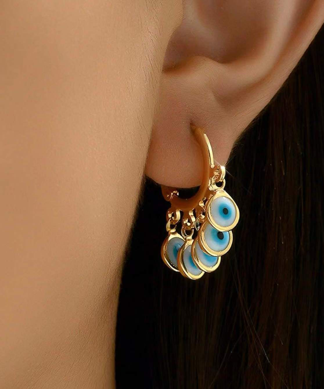 Elegantes pendientes de aro con borlas de ojo de diablo en plata de ley multicolor con detalles dorados