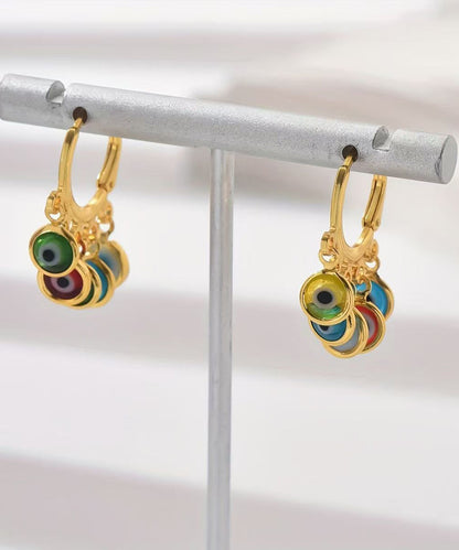 Elegantes pendientes de aro con borlas de ojo de diablo en plata de ley multicolor con detalles dorados