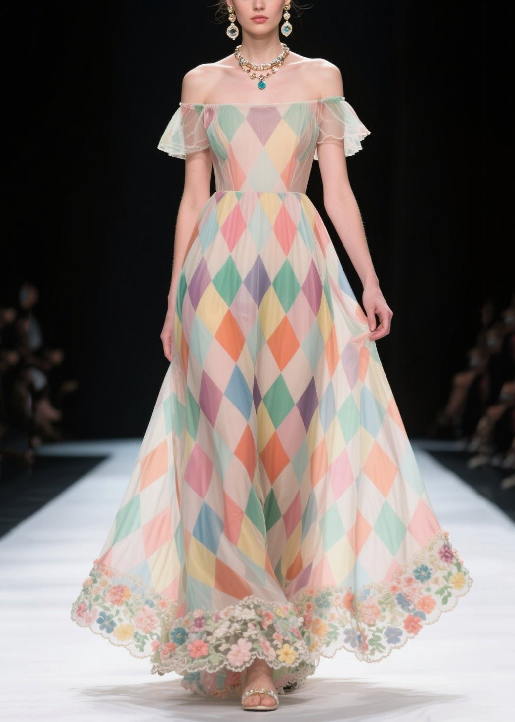 Chic Multicolour Plaid Patchwork Lace Chiffon Strapless Dress Summer