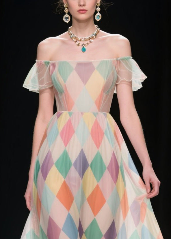 Chic Multicolour Plaid Patchwork Lace Chiffon Strapless Dress Summer