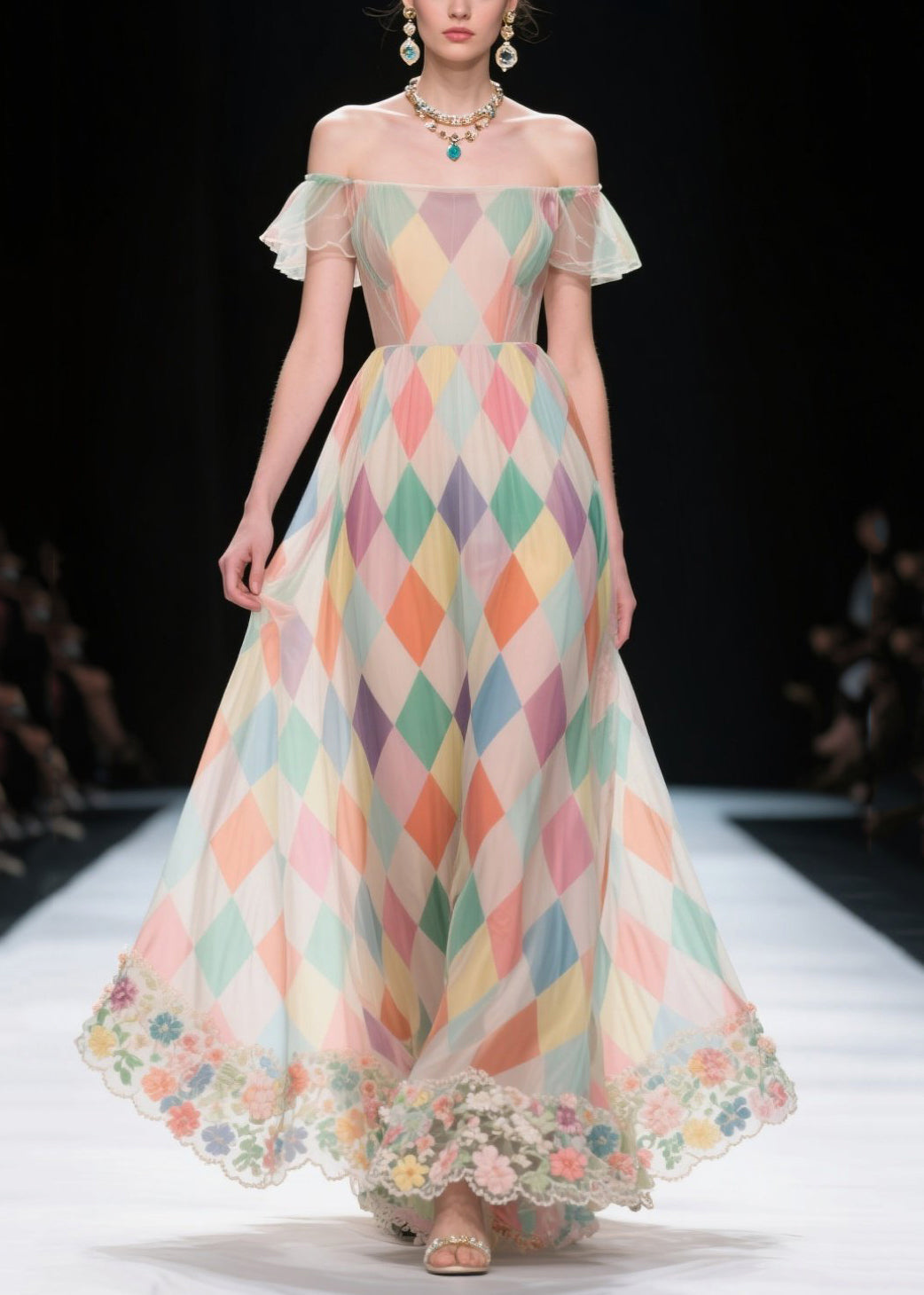 Chic Multicolour Plaid Patchwork Lace Chiffon Strapless Dress Summer