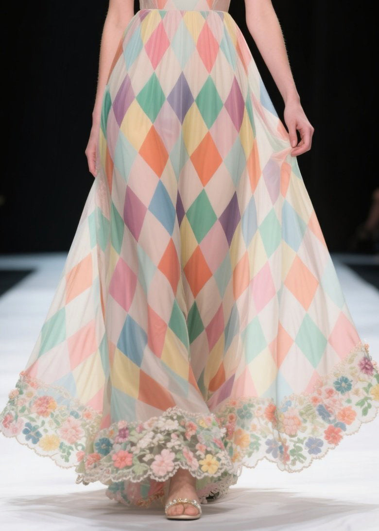 Chic Multicolour Plaid Patchwork Lace Chiffon Strapless Dress Summer