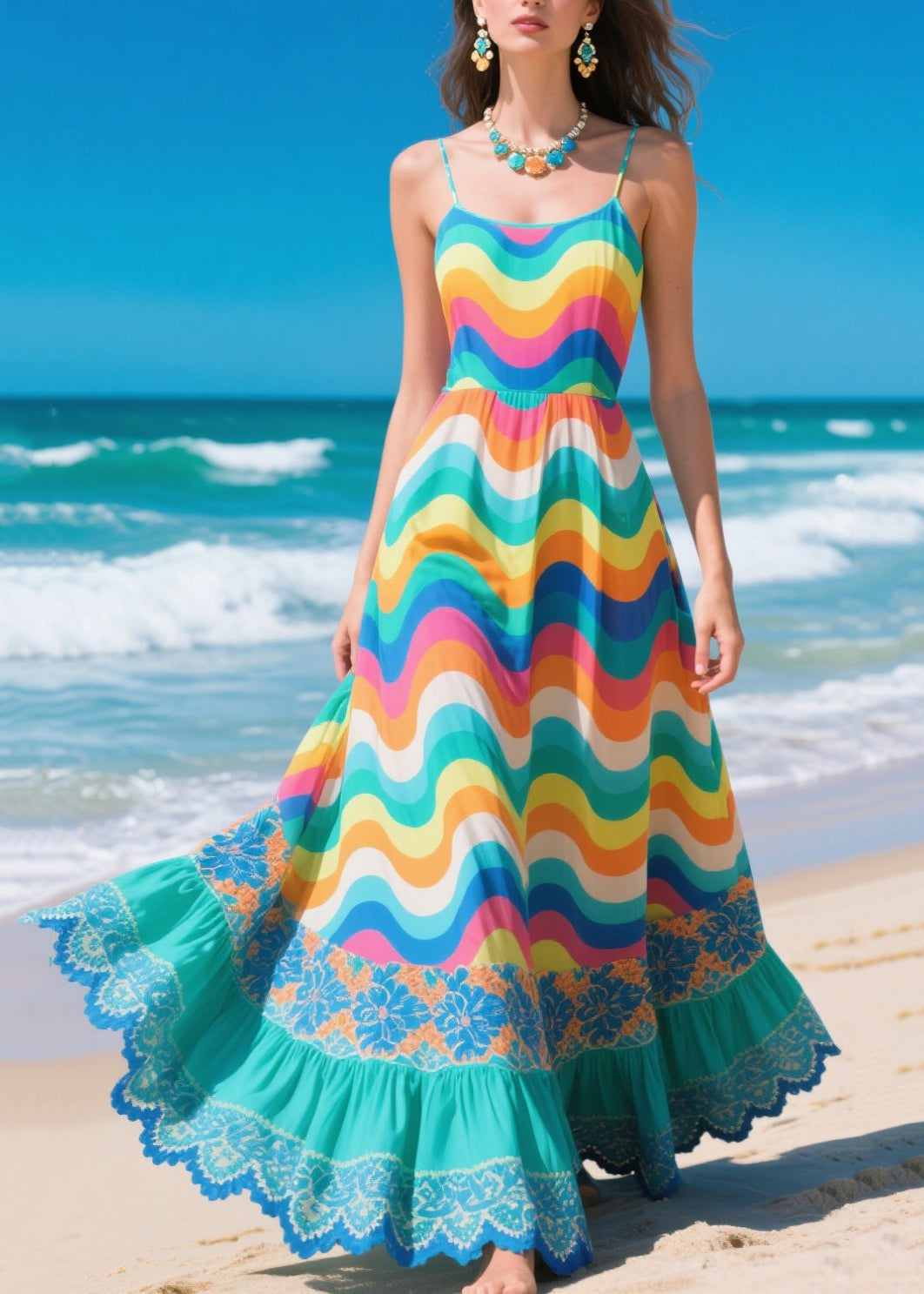 Chic Multicolour Striped Patchwork Exra Large Hem Chiffon Beach Dresses Summer