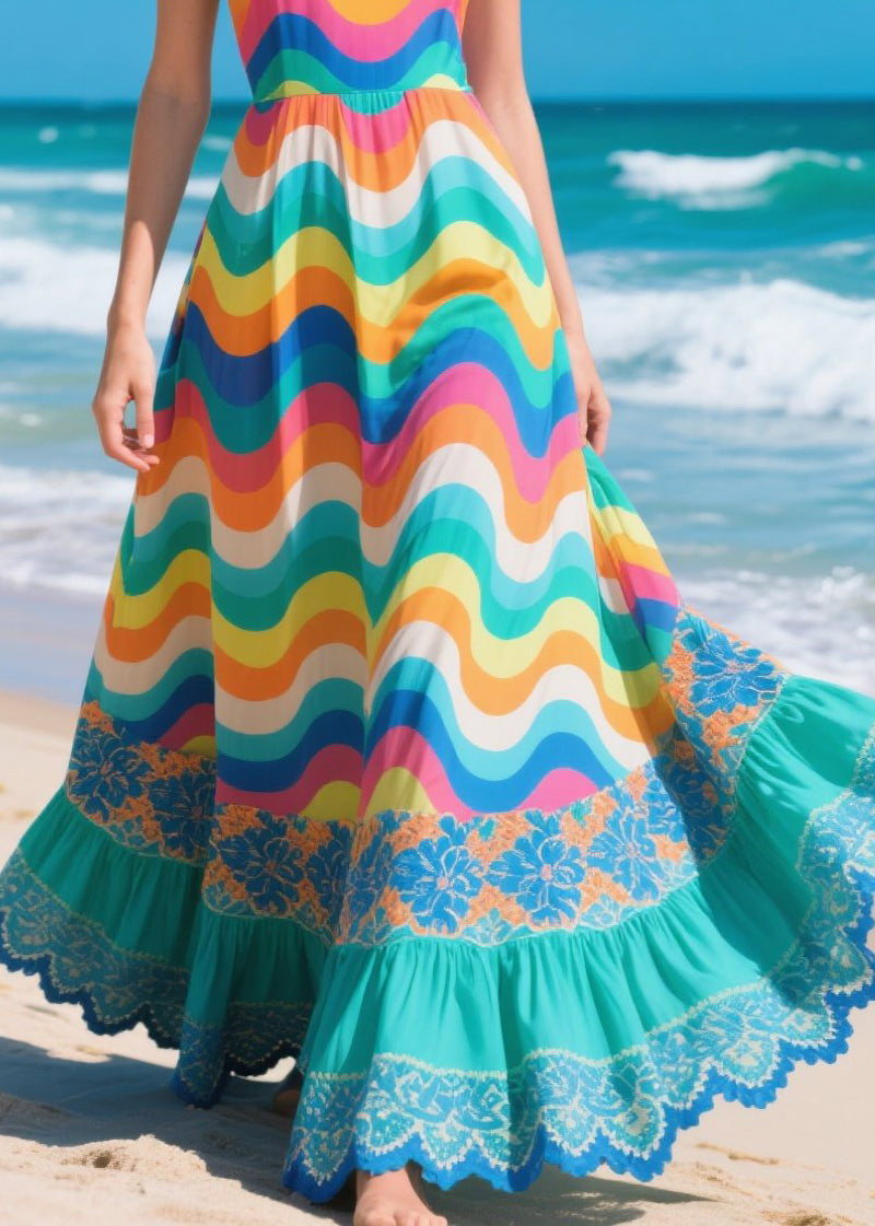 Chic Multicolour Striped Patchwork Exra Large Hem Chiffon Beach Dresses Summer