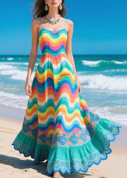 Chic Multicolour Striped Patchwork Exra Large Hem Chiffon Beach Dresses Summer