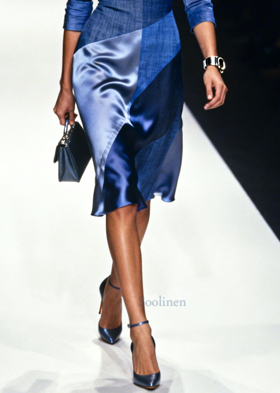 Chic Navy Asymmetrical Patchwork Silk Day Dress Summer