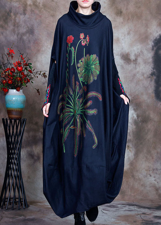 Schickes Marineblaues asymmetrisches Samt-Urlaubskleid mit Print für den Winter