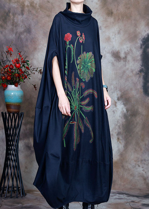 Schickes Marineblaues asymmetrisches Samt-Urlaubskleid mit Print für den Winter