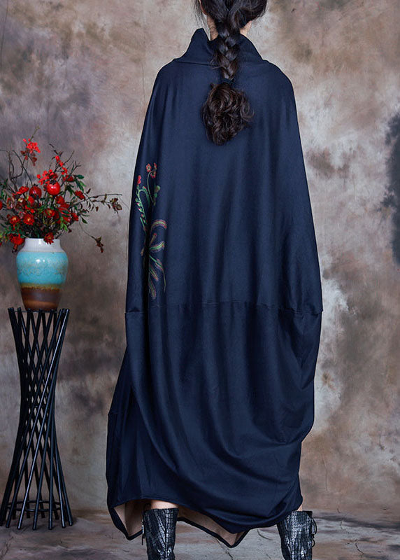 Schickes Marineblaues asymmetrisches Samt-Urlaubskleid mit Print für den Winter