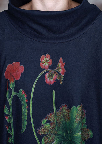 Schickes Marineblaues asymmetrisches Samt-Urlaubskleid mit Print für den Winter