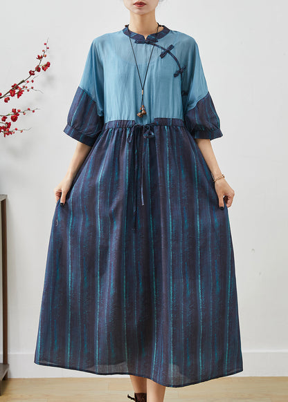 Schicke Marineblaue Patchwork Gestreifte Leinenkleider Sommer