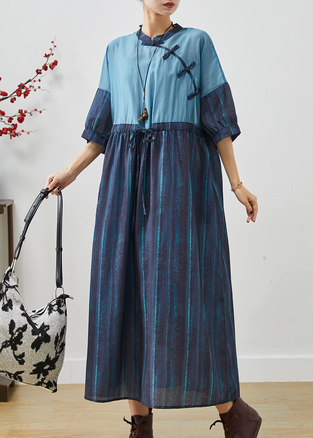 Schicke Marineblaue Patchwork Gestreifte Leinenkleider Sommer