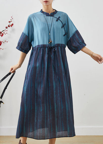 Schicke Marineblaue Patchwork Gestreifte Leinenkleider Sommer