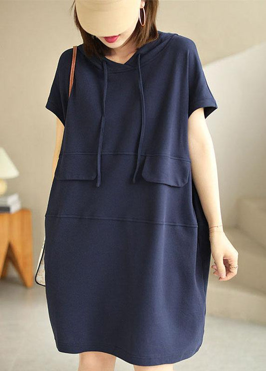 Chic Navy Hooded drawstring Patchwork Fall Short Sleeve Dress - SooLinen