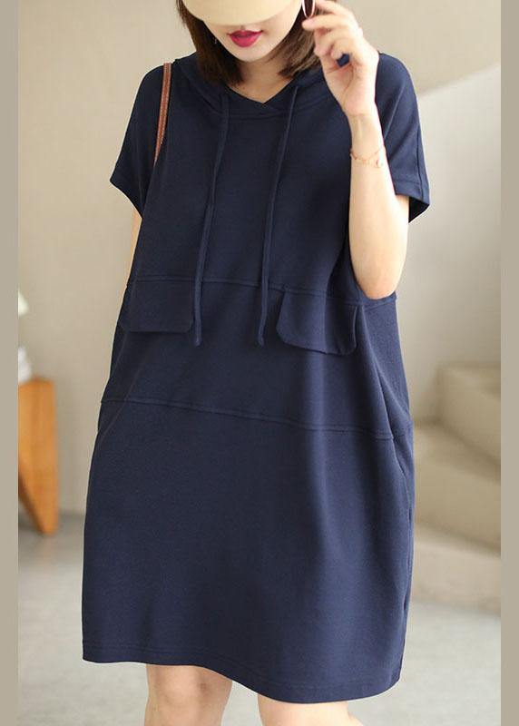 Chic Navy Hooded drawstring Patchwork Fall Short Sleeve Dress - SooLinen