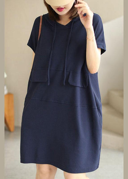 Chic Navy Hooded drawstring Patchwork Fall Short Sleeve Dress - SooLinen
