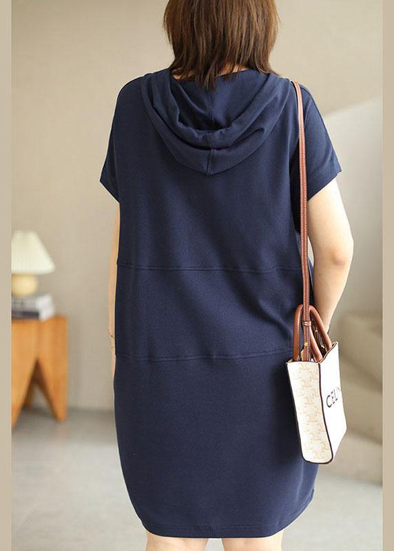 Chic Navy Hooded drawstring Patchwork Fall Short Sleeve Dress - SooLinen