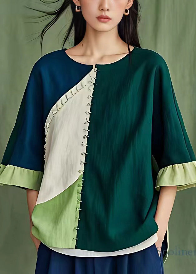 Chic Navy Original Design Patchwork Leinen Hemd Tops Flare Ärmel