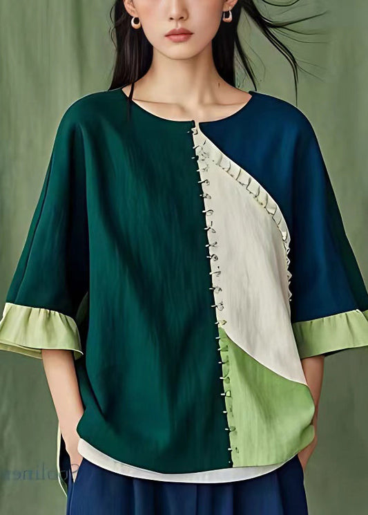 Chic Navy Original Design Patchwork Leinen Hemd Tops Flare Ärmel