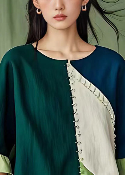 Chic Navy Original Design Patchwork Leinen Hemd Tops Flare Ärmel