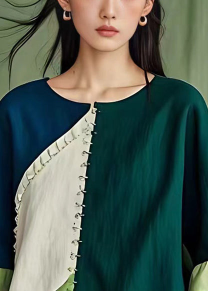 Chic Navy Original Design Patchwork Leinen Hemd Tops Flare Ärmel