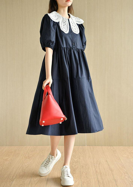 Chic Navy Peter Pan Collar Patchwork Summer Cotton Dresses Short Sleeve - SooLinen