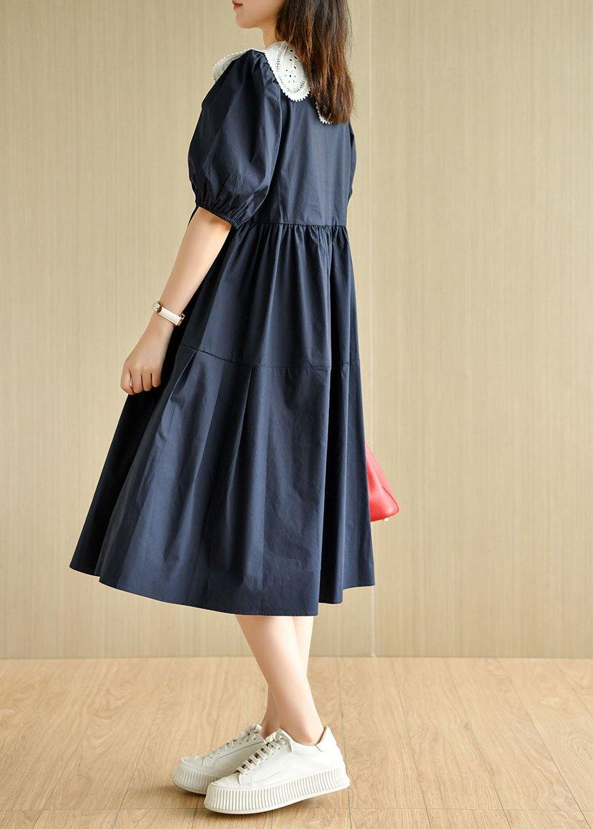Chic Navy Peter Pan Collar Patchwork Summer Cotton Dresses Short Sleeve - SooLinen