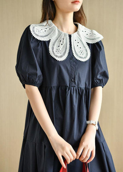 Chic Navy Peter Pan Collar Patchwork Summer Cotton Dresses Short Sleeve - SooLinen