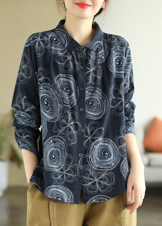 Camisa elegante de algodón con cuello Peter Pan y estampado de patchwork en azul marino para primavera