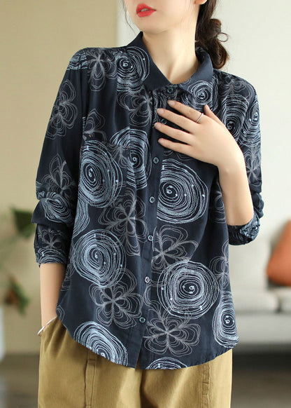 Camisa elegante de algodón con cuello Peter Pan y estampado de patchwork en azul marino para primavera