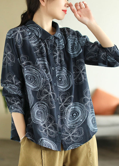 Camisa elegante de algodón con cuello Peter Pan y estampado de patchwork en azul marino para primavera