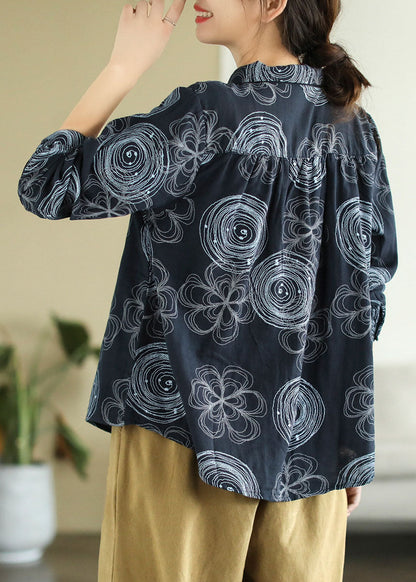 Camisa elegante de algodón con cuello Peter Pan y estampado de patchwork en azul marino para primavera