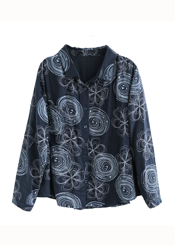 Camisa elegante de algodón con cuello Peter Pan y estampado de patchwork en azul marino para primavera