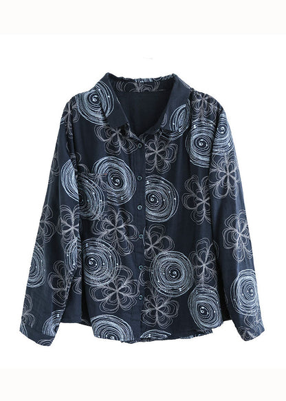 Camisa elegante de algodón con cuello Peter Pan y estampado de patchwork en azul marino para primavera